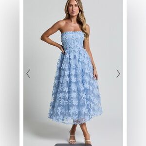Blue Midi Dress - Strapless 3D Embroidery - size large (8)